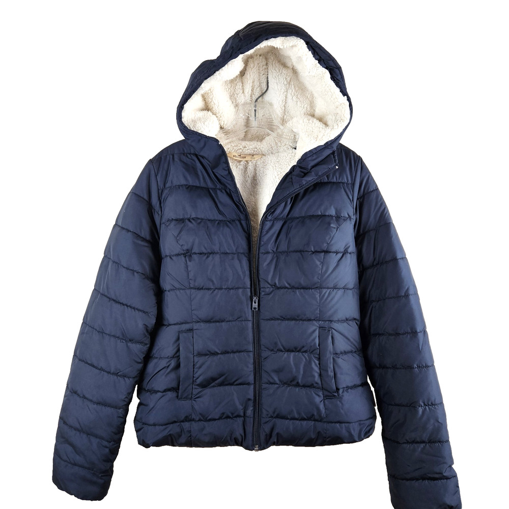 Hollister Bue With Inner White Fur Puffer Full Zip Hooded Jacket Size M